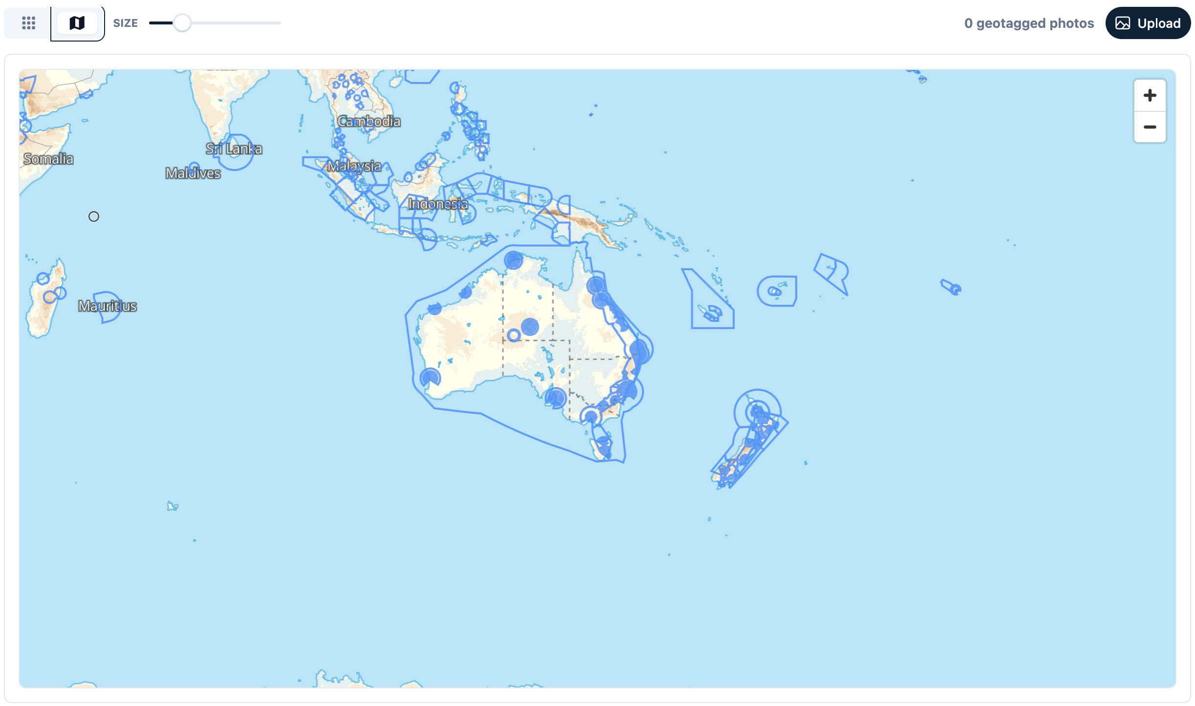 Web Logbook Photos in Map view with the Grid and Map controls, Size slider, geotagged photo count and Upload button