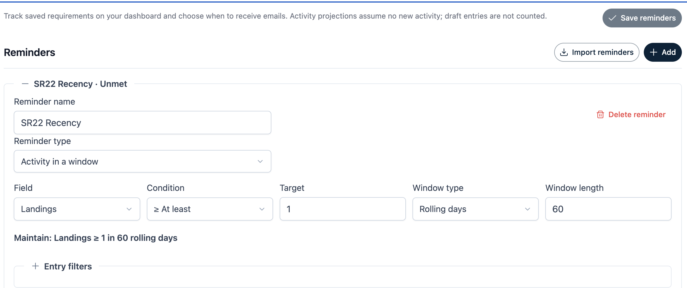 Web Logbook activity reminder showing its name, reminder type, Landings field, condition, target, rolling-day window and Entry filters