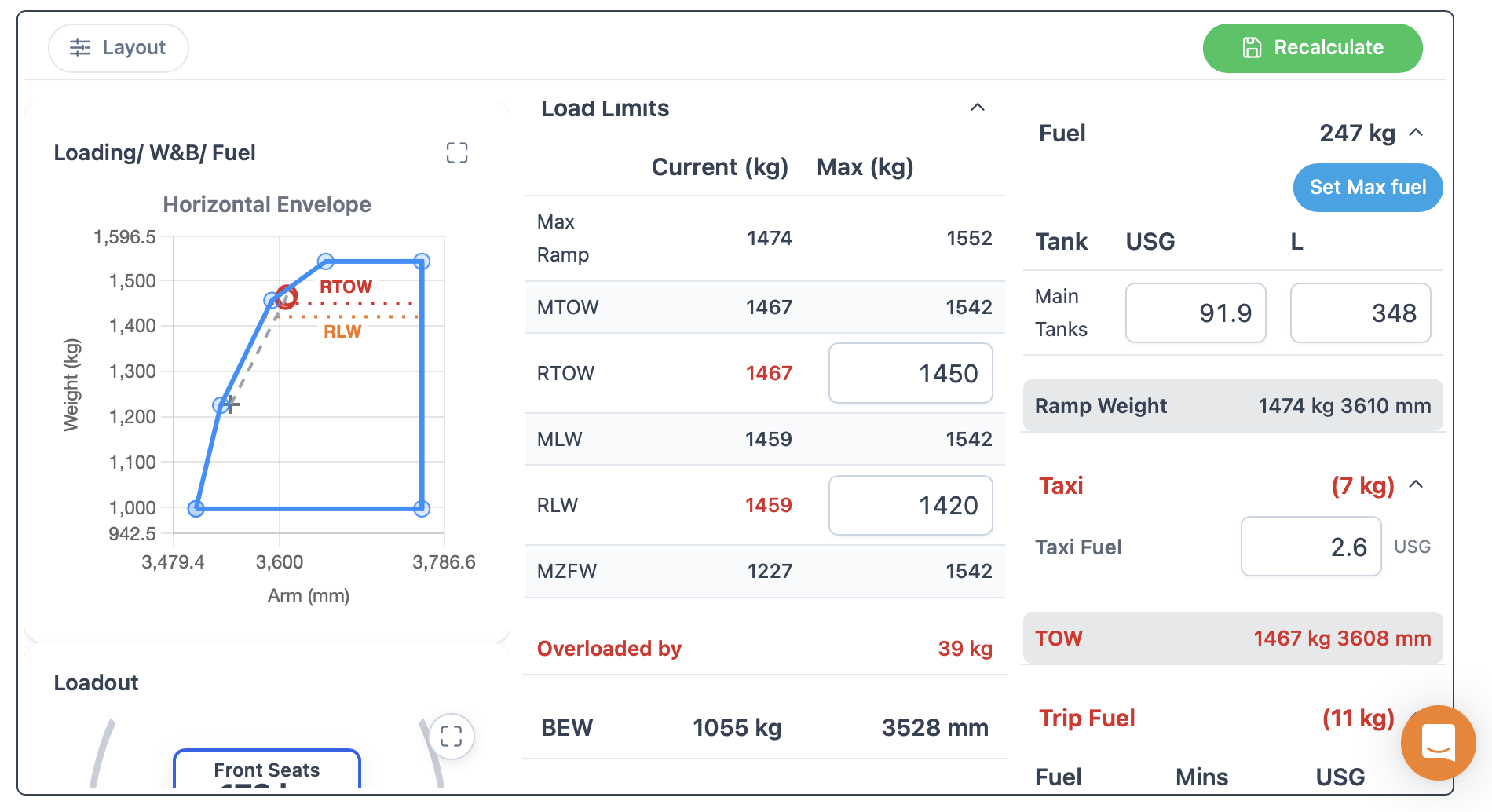 Web aircraft loading showing RTOW and RLW limits in Load Limits and on the horizontal envelope, with calculated weights above the entered limits shown in red