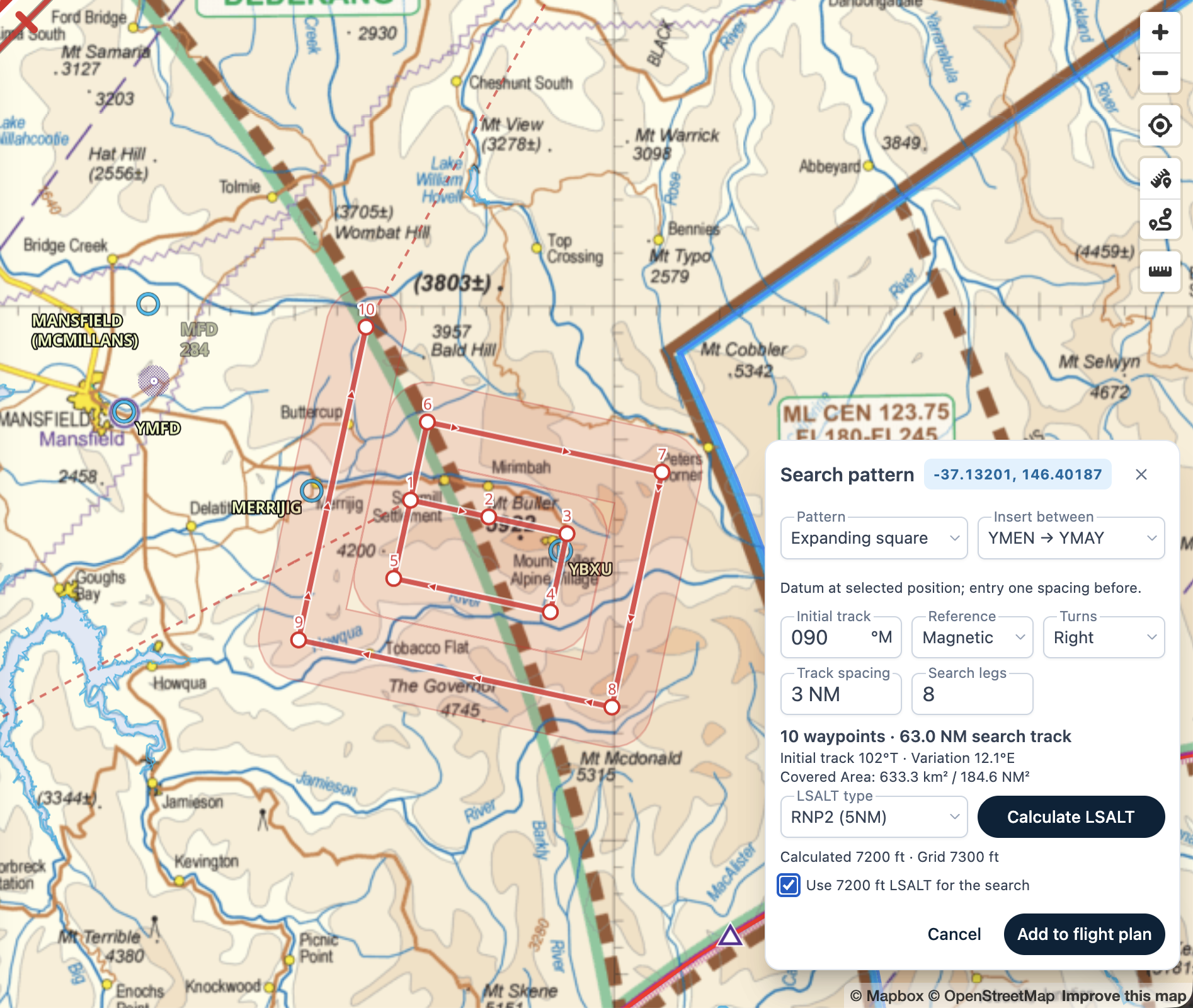 Expanding-square search preview on the Web map, with numbered waypoints, a shaded footprint, search settings and the calculated LSALT option