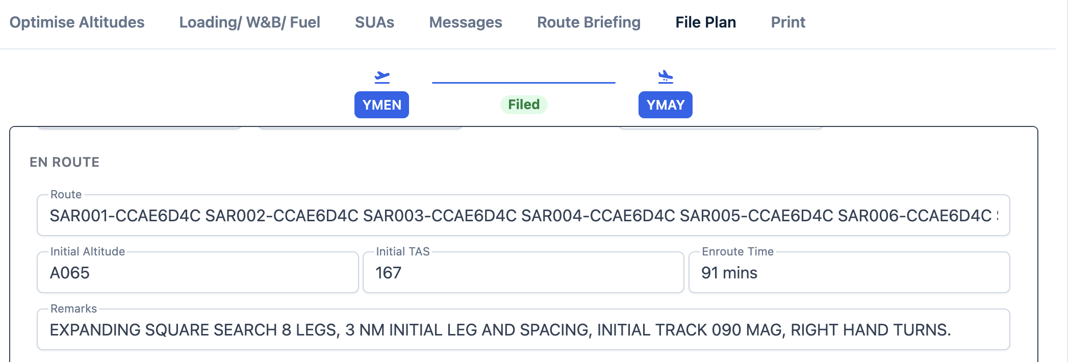 Web File Plan tab showing the search waypoints in Route and an expanding-square description in Remarks, including eight legs, 3 NM spacing, an initial magnetic track of 090 degrees and right-hand turns