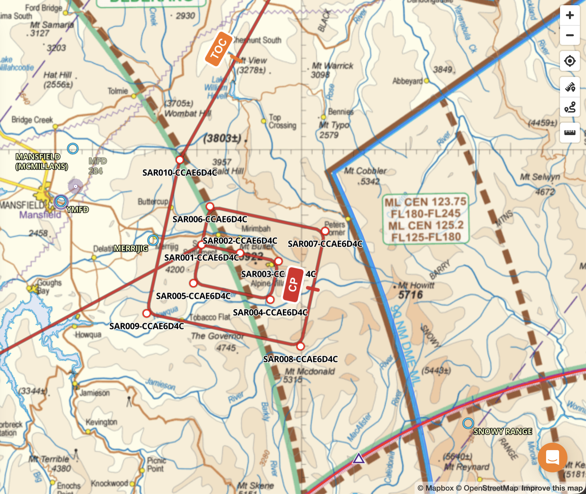 Expanding-square search saved on the Web map, with labelled search waypoints joined to the existing route