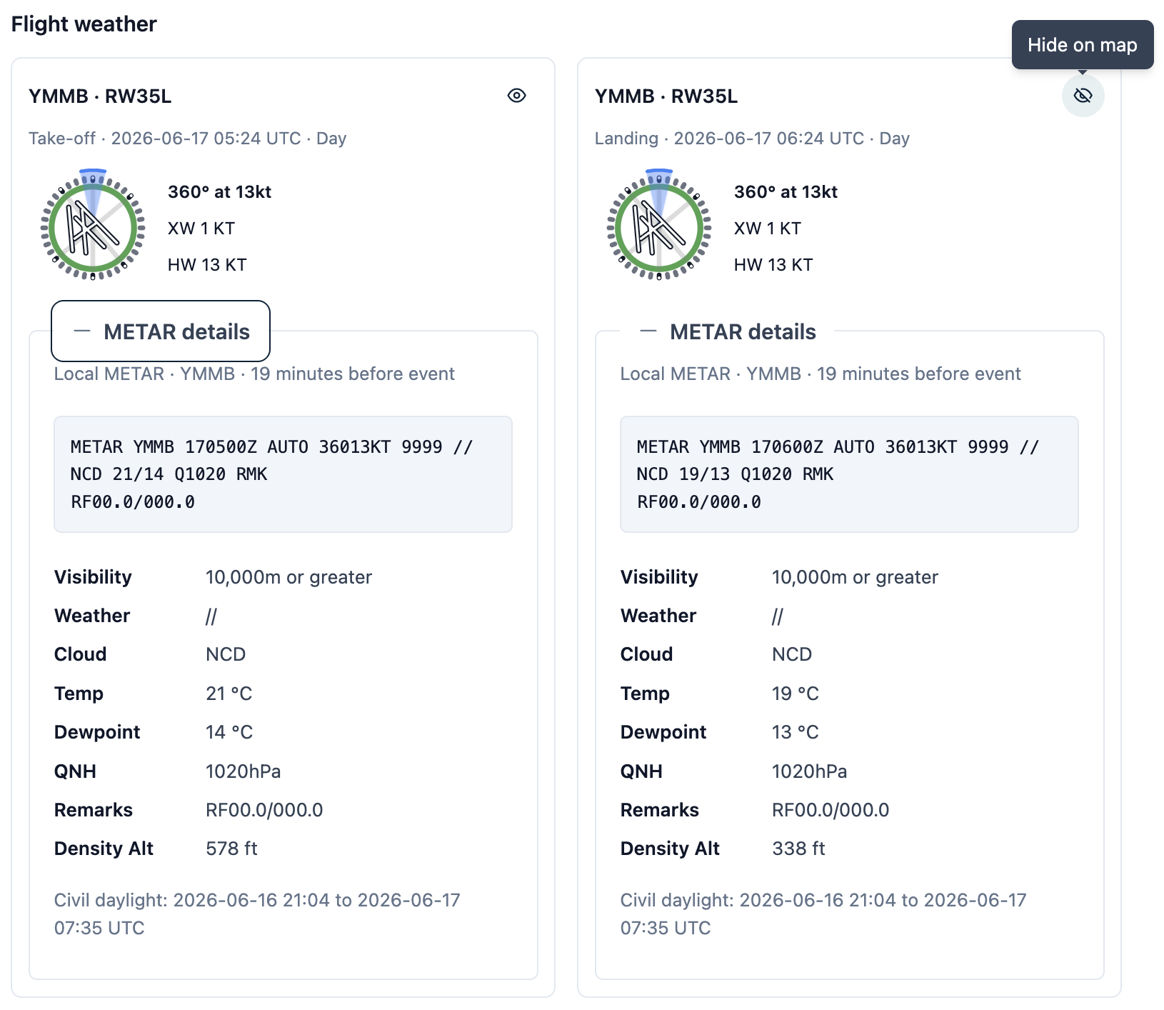 Flight weather on a shared Web logbook entry, showing take-off and landing cards with wind dials, expanded METAR details and the Hide on map control