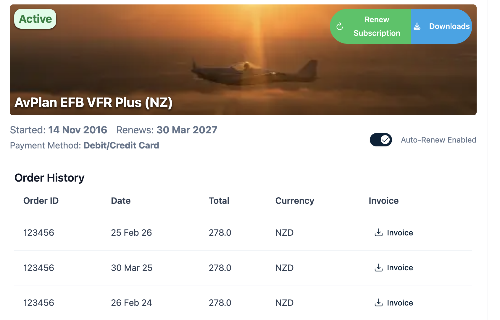 Order History for an active subscription with Invoice download links in AvPlan Web