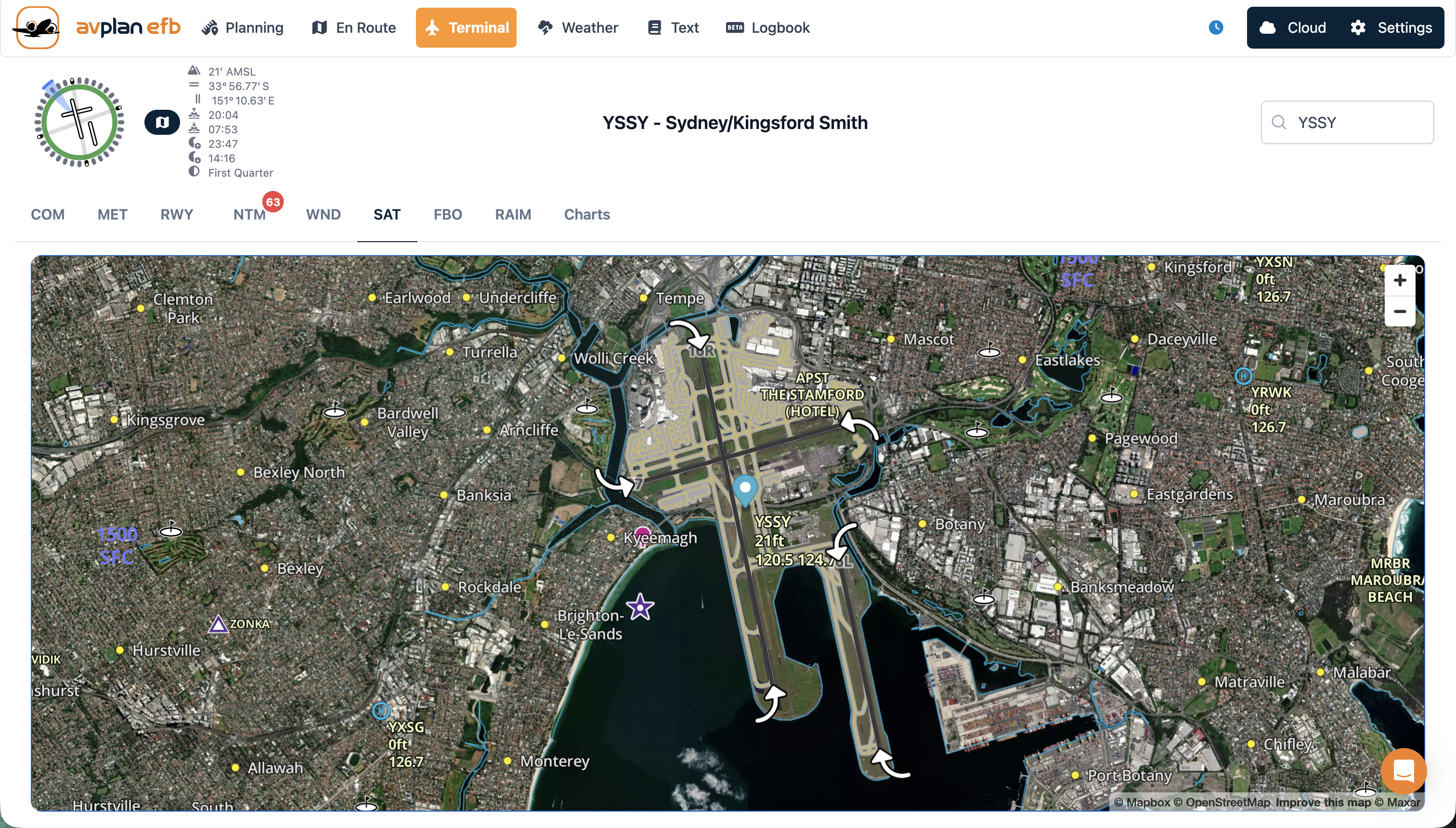 SAT tab for Sydney Airport in AvPlan Web showing satellite imagery and airport details