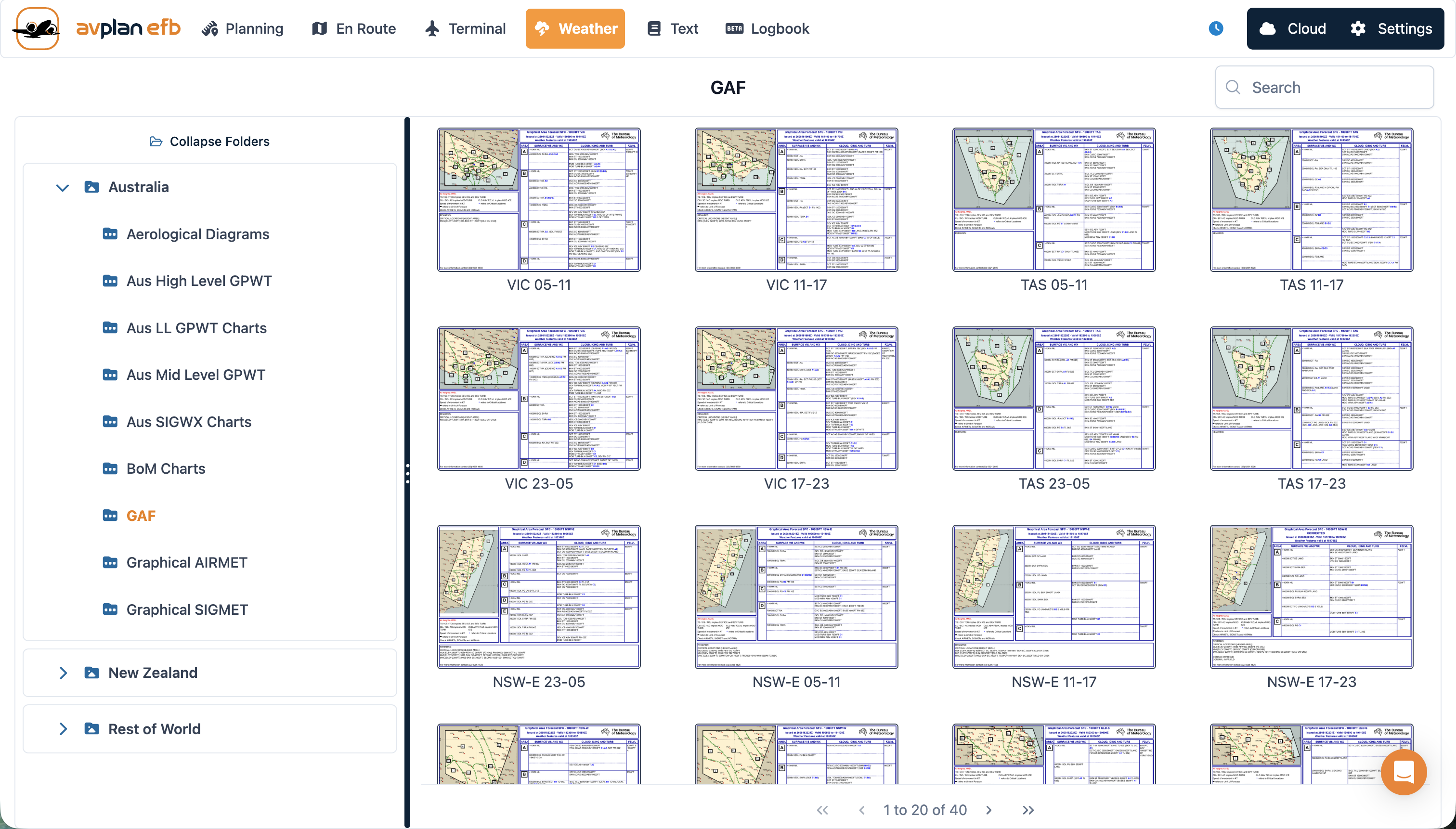 GAF weather chart thumbnails and regional weather folders in AvPlan Web