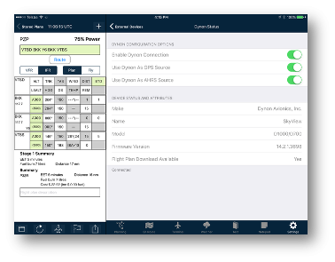 Connected SkyView information in AvPlan EFB Dynon Status settings