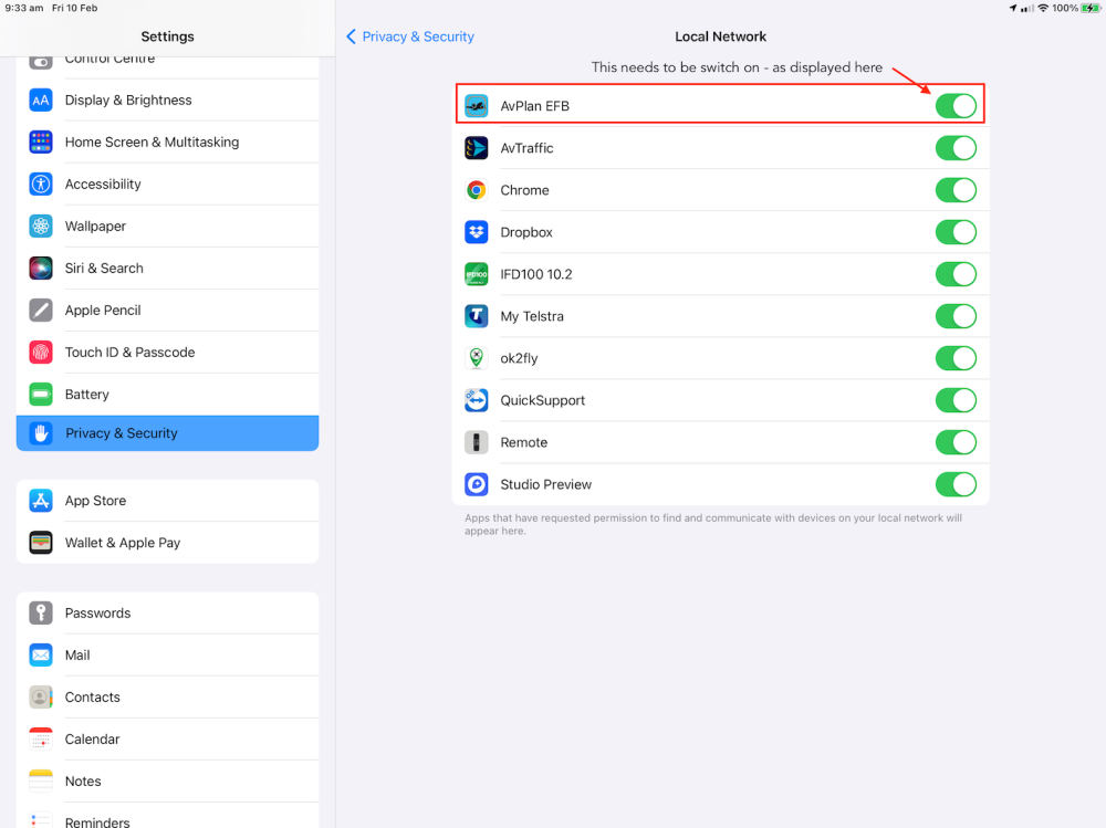 AvPlan EFB enabled under Local Network privacy settings on an iPad