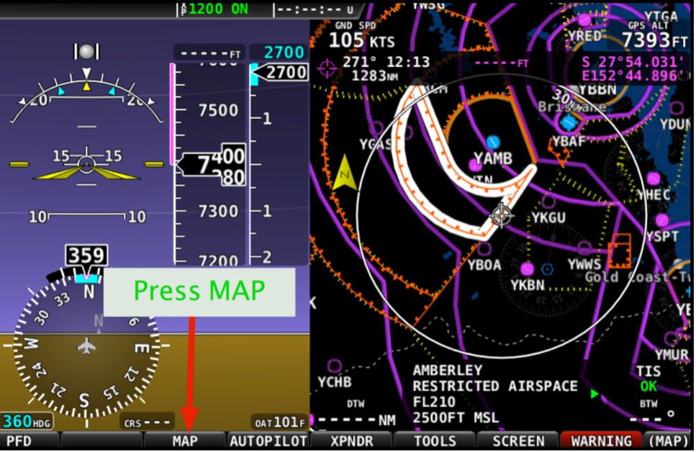 Map options opened on a Dynon SkyView display