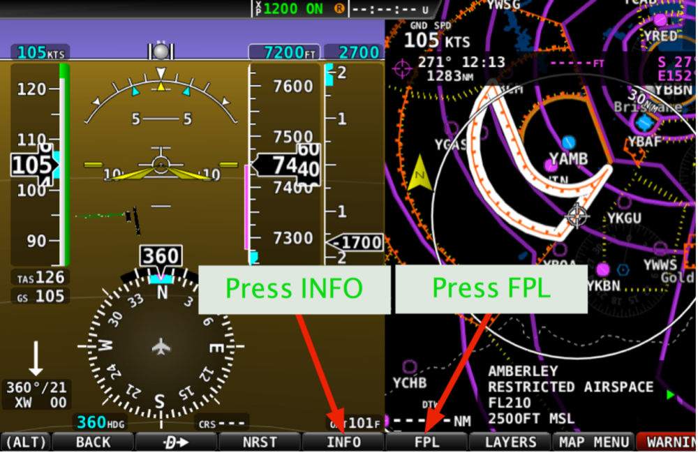 Flight plan and information controls on a Dynon SkyView map display