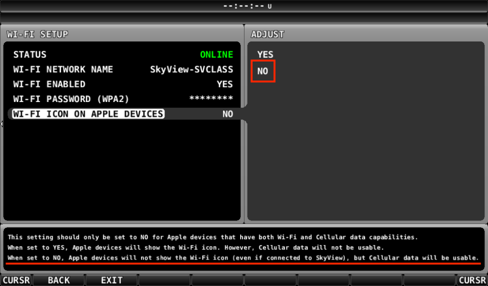 Wi-Fi Icon on Apple Devices option set to No in Dynon SkyView