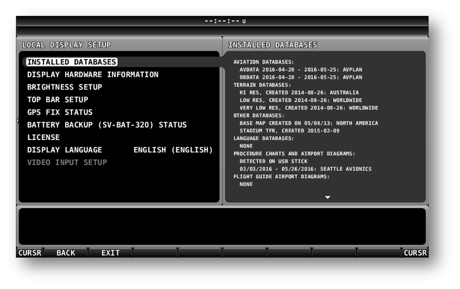 Installed Databases page on Dynon SkyView showing database locations and dates
