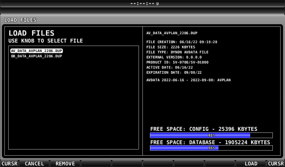 Compatible database files listed in the Dynon SkyView Load Files menu