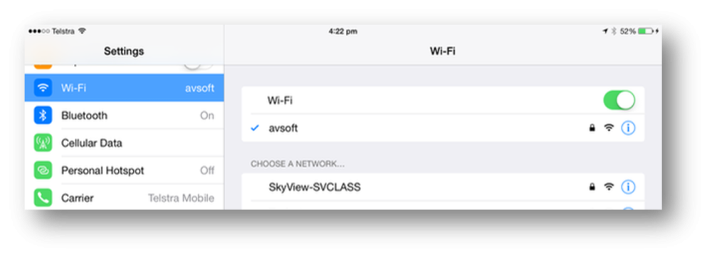SkyView Wi-Fi network listed in Wi-Fi settings on an iPad
